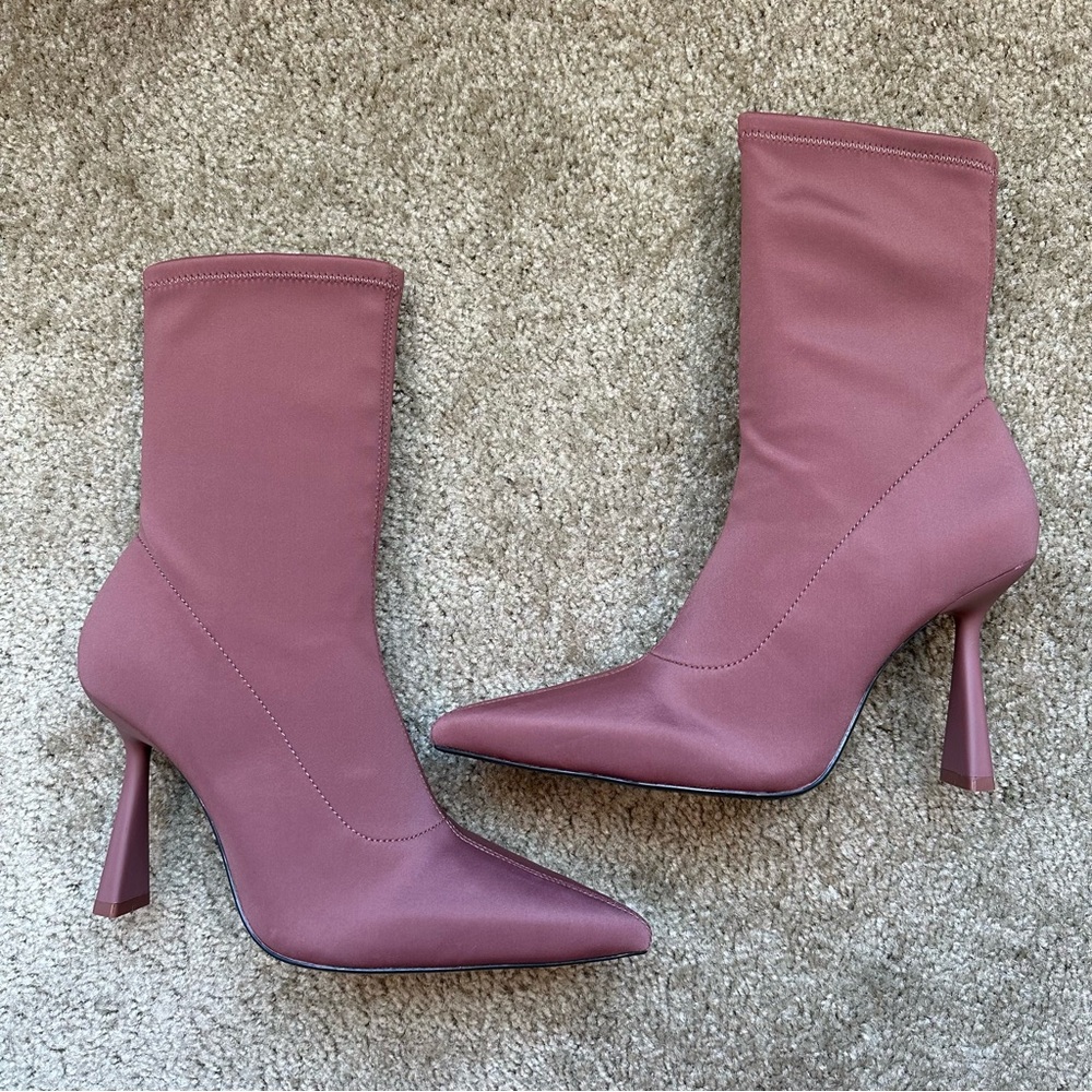 New Zara Pink Stretch Fabric Heeled Ankle Pointed Toe Boots 3102/111 Size 8 - Picture 2 of 7